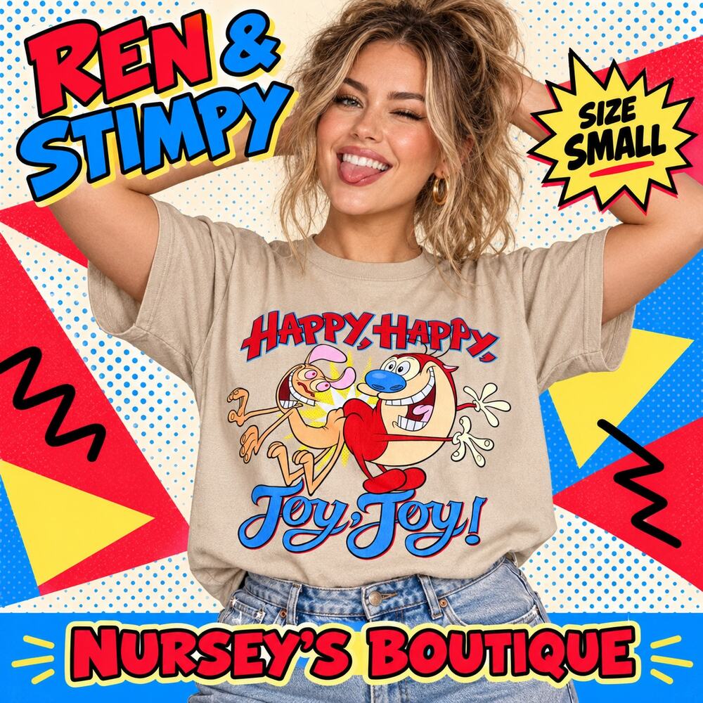 Nickelodeon Ren & Stimpy Happy Happy Joy Joy Graphic Tee Small Beige
